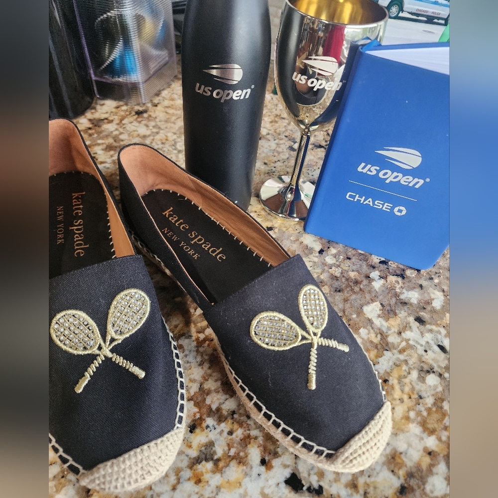 Kate Spade Black Espadrilles with Gold Racket Embroidery